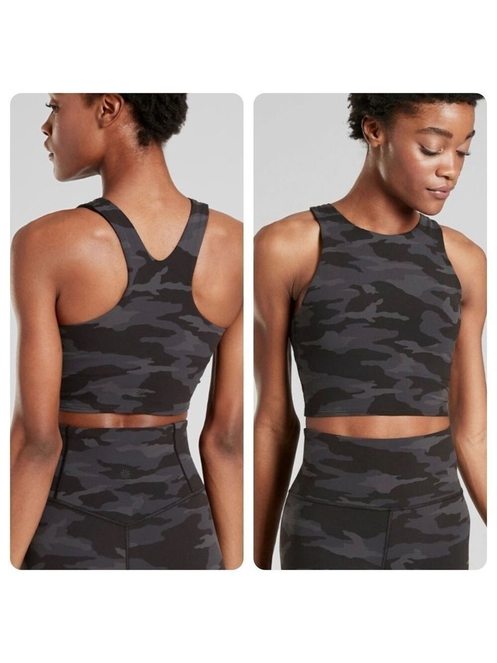 NWT Athleta Conscious Printed Crop Tank Bra Top Black Camo Print Small Racerback